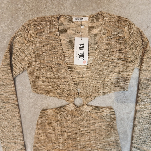 12th Tribe Uproar Beige Long Sleeve Knit Midi Cut Out Dress - Picture 7 of 10